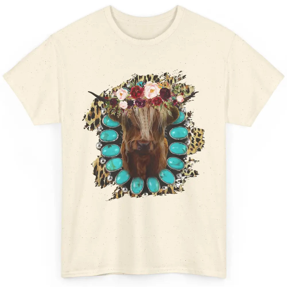 Floral Highland Cow Turquoise Western Country Cowboy Leopard Classic Unisex T-Shirt