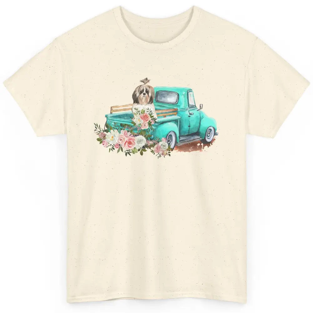 Cute Shih Tzu On Teal Truck Dog Lovers Retro Truck Christmas Classic Unisex T-Shirt