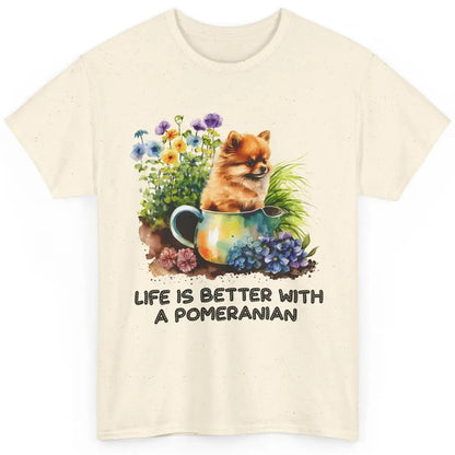 Cute Pomeranian Puppy Flowers Life Is Better With Pomeranian Classic Unisex T-Shirt