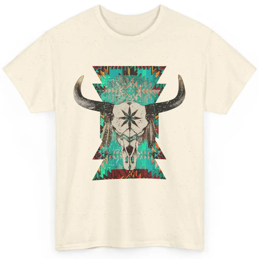 Boho Bull Skull Turquoise Aztec Western Country Rodeo Cowboy Classic Unisex T-Shirt