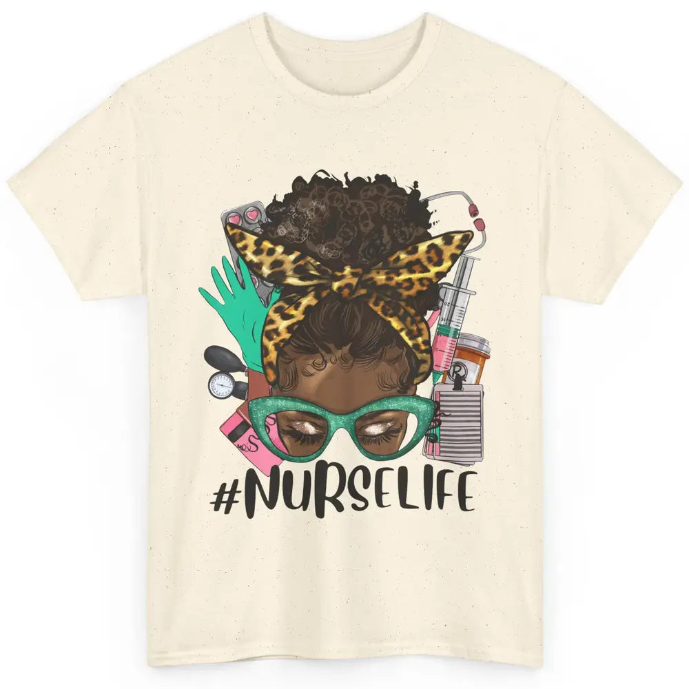 Afro Nurse Messy Bun Hair Black Melanin Nurse Life Leopard Classic Unisex T-Shirt