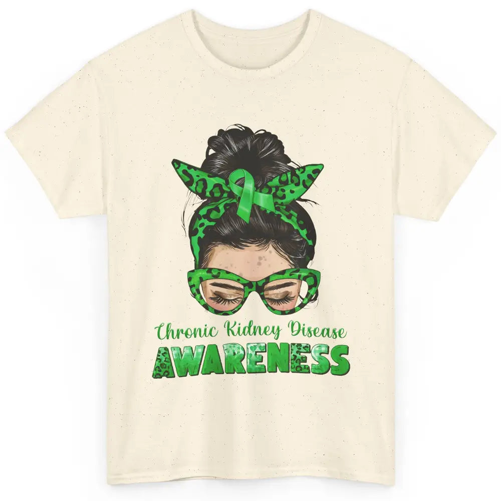 Chronic Kidney Disease Leopard Messy Bun Mom Green Ribbon Classic Unisex T-Shirt