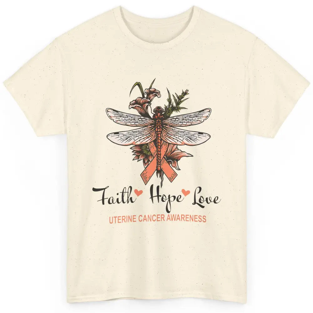 Faith Hope Love Dragonfly Peach Uterine Cancer Awareness Classic Unisex T-Shirt