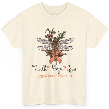 Faith Hope Love Dragonfly Peach Uterine Cancer Awareness Classic Unisex T-Shirt