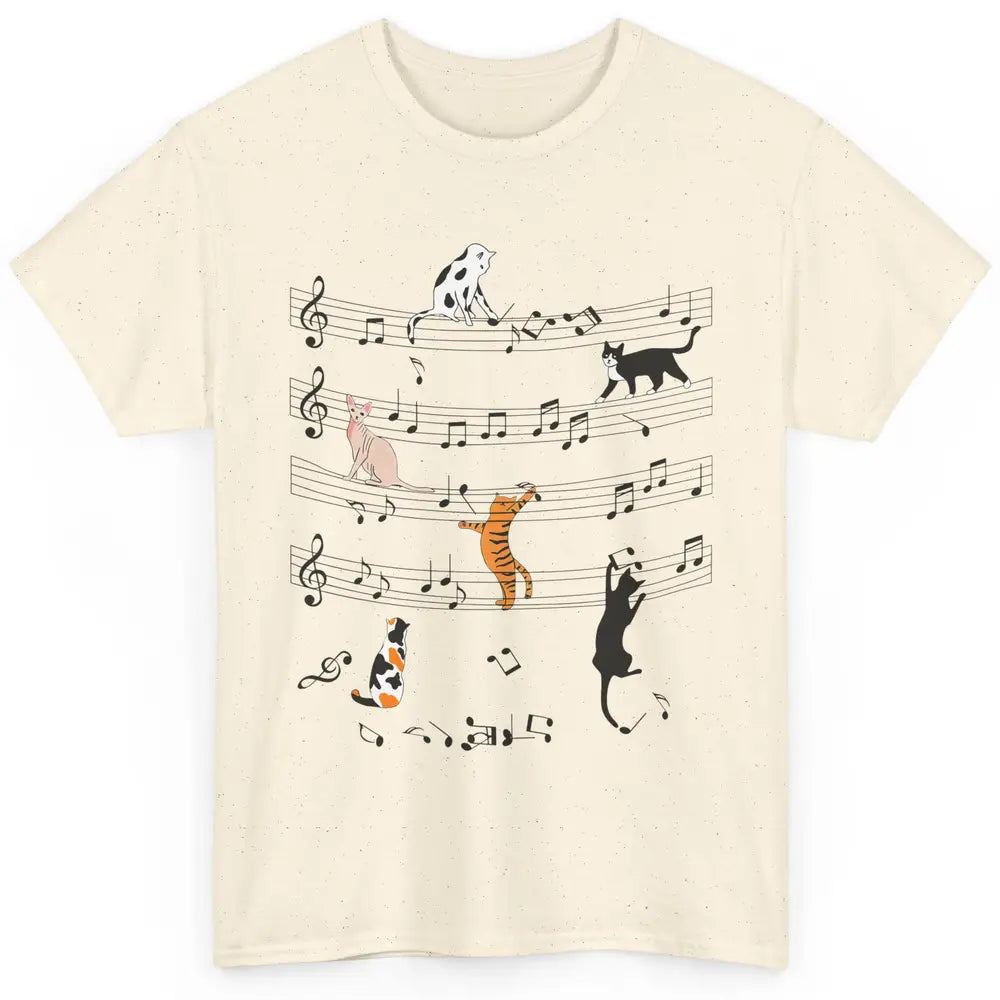 Cat On Music Sheets Cute Music Notes Funny Cat Musician Classic Unisex T-Shirt