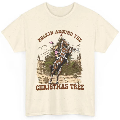 Funny Cowgirl Horsing Rocking Around Christmas Tree Western Classic Unisex T-Shirt