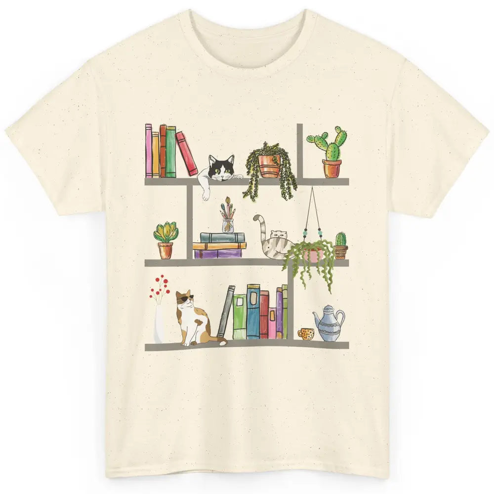 Funny Cats Lying On Floral Bookshelf Book Kitten Minimalist Classic Unisex T-Shirt