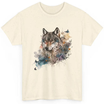 Watercolor Wolf Face Howl Butterfly Wolves Wild Animal Retro Classic Unisex T-Shirt