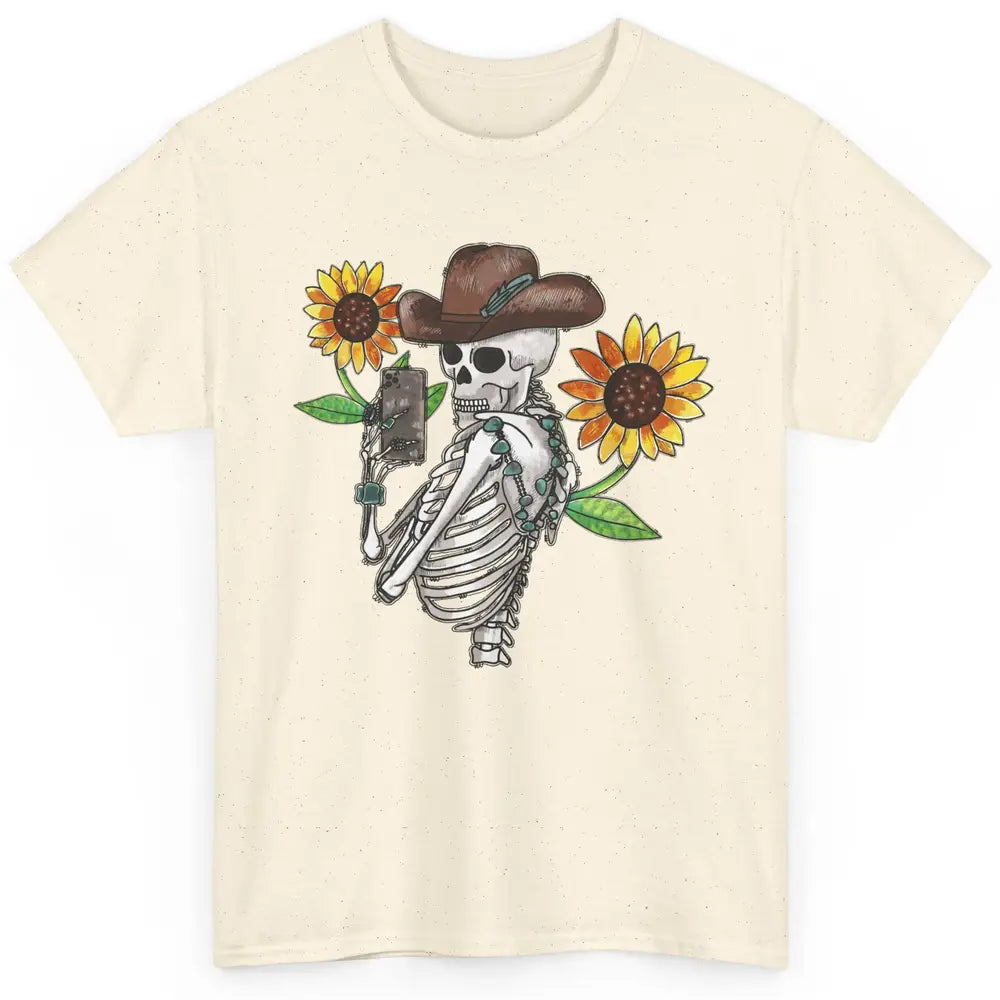 Western Cowboy Hat Skeleton Sunflower Funny Skeleton Selfie Classic Unisex T-Shirt