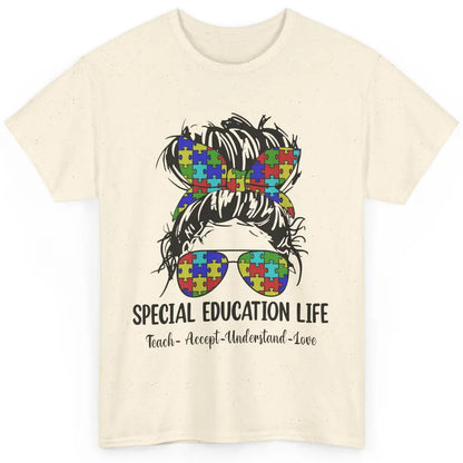 Special Education Teacher Messy Bun Autism Teach Accept Love Classic Unisex T-Shirt