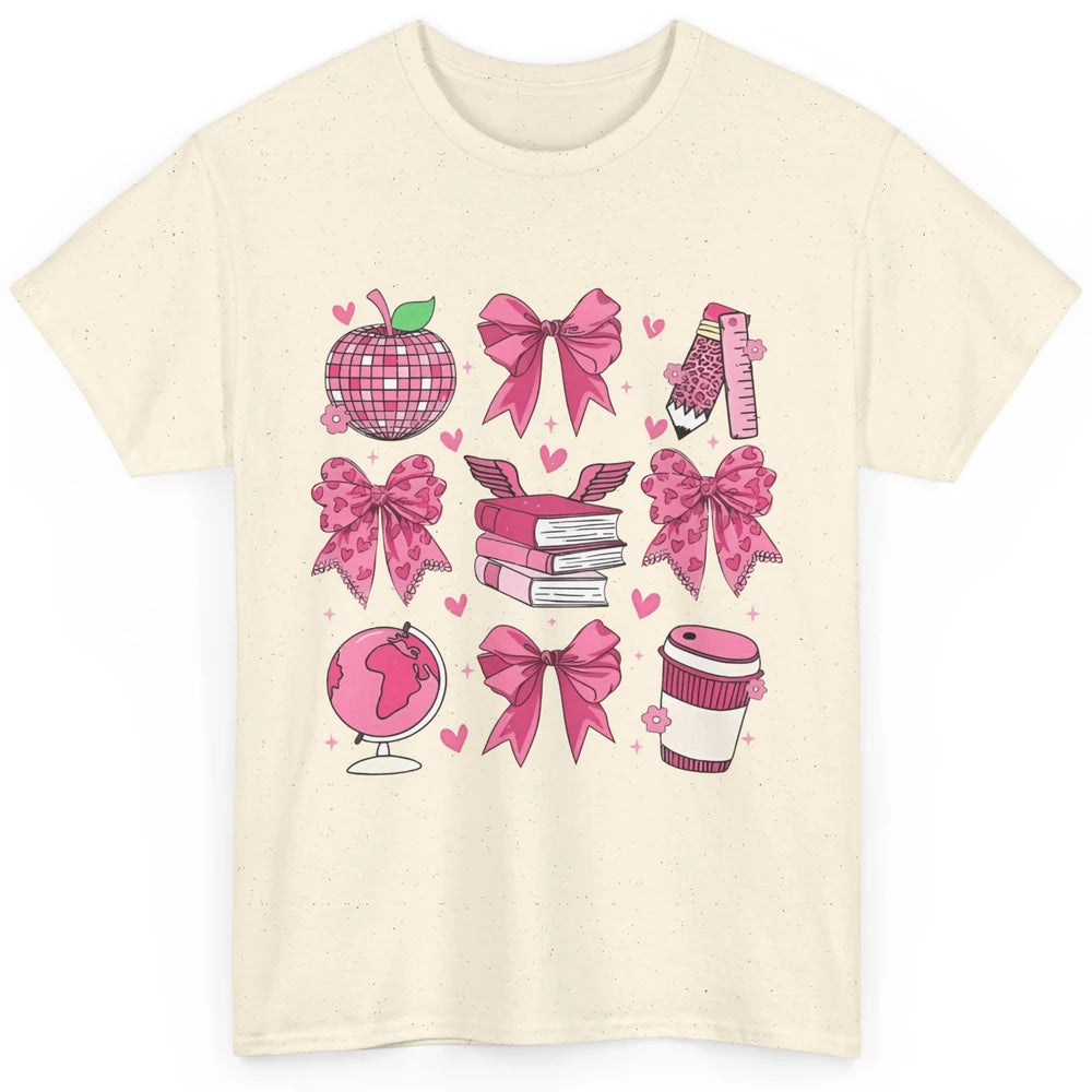 Cute Set Of Bows Coquette Coffee Apple Pink Valentine's Day Love Leopard Heart Back To School Latte Book Teacher Students Classic Unisex T-Shirt