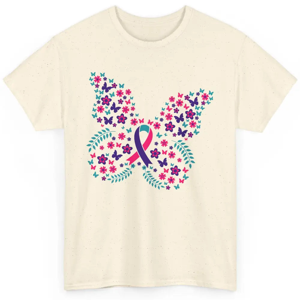 Floral Butterfly Teal Pink Warrior Thyroid Cancer Awareness Classic Unisex T-Shirt