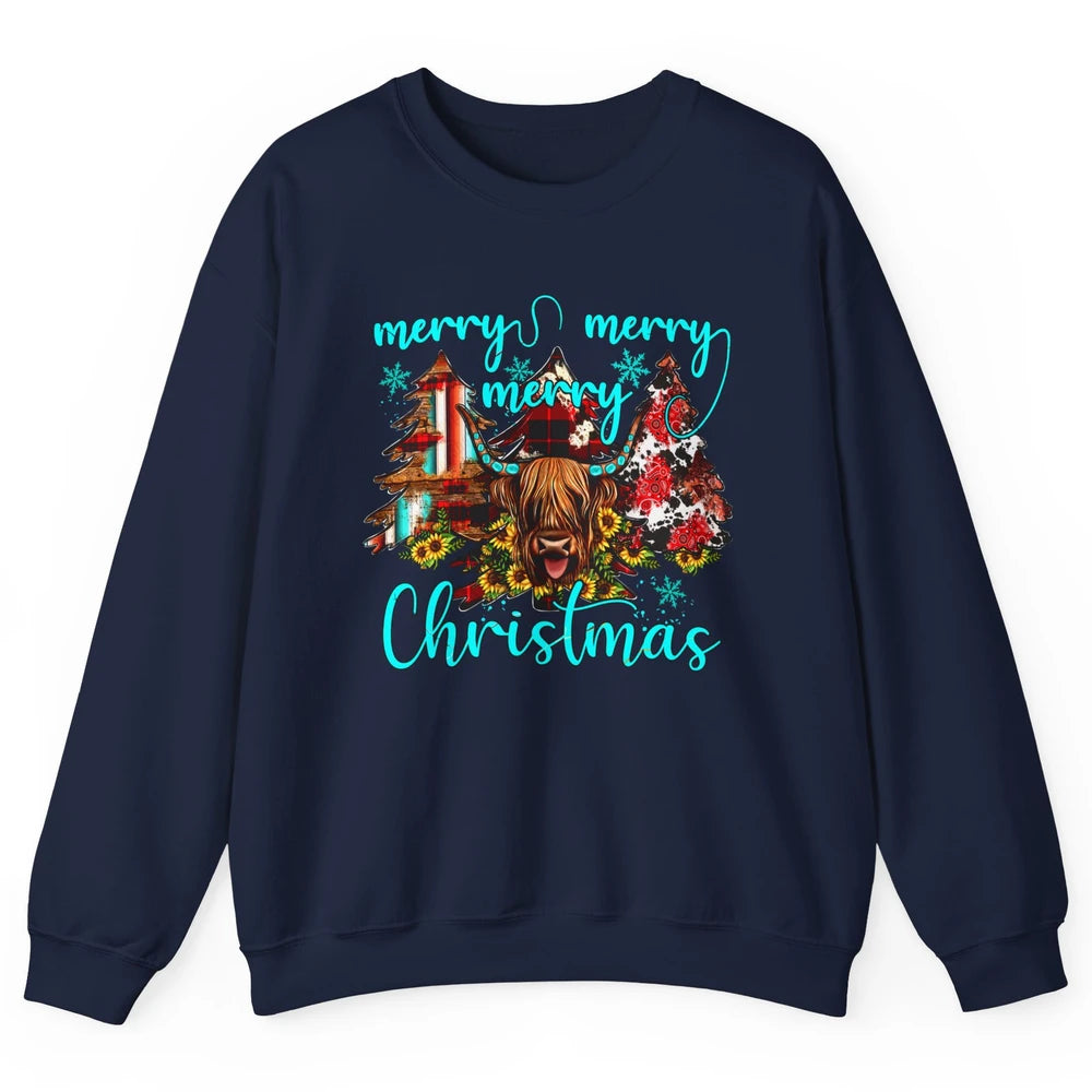 Highland Cow Merry Christmas Heifer Western Country Cowboy Unisex Crewneck Sweatshirt