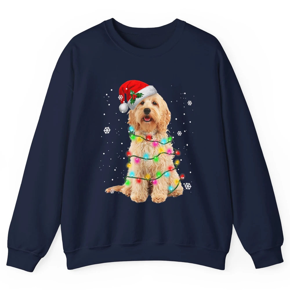 Merry Christmas Golden Doodle Dog Santa Hat Xmas Tree Lights Unisex Crewneck Sweatshirt