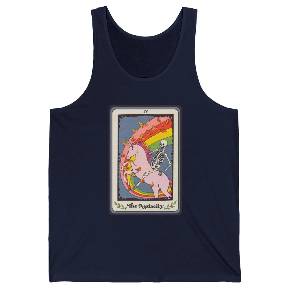 Retro Skeleton Rides Unicorn The Audacity Tarot Card Rainbow Unisex Jersey Tank