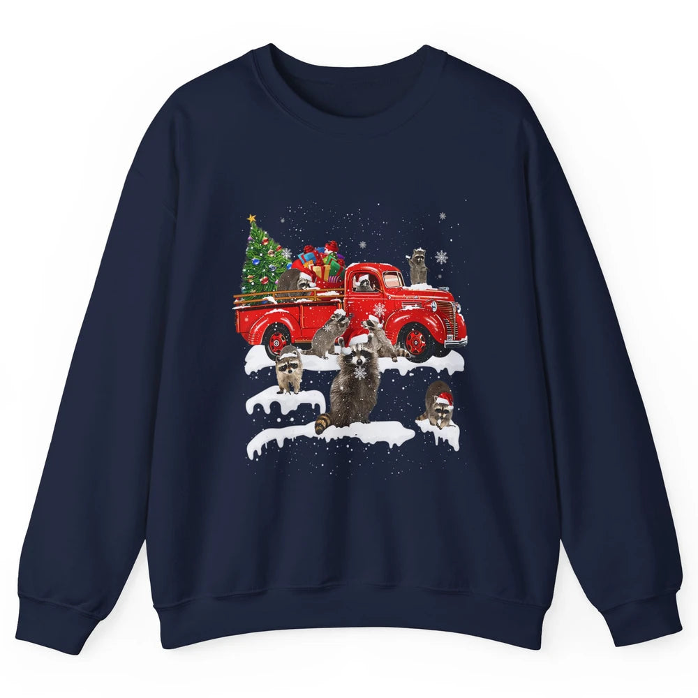 Funny Red Truck Raccoon Xmas Tree Lights Merry Christmas Unisex Crewneck Sweatshirt