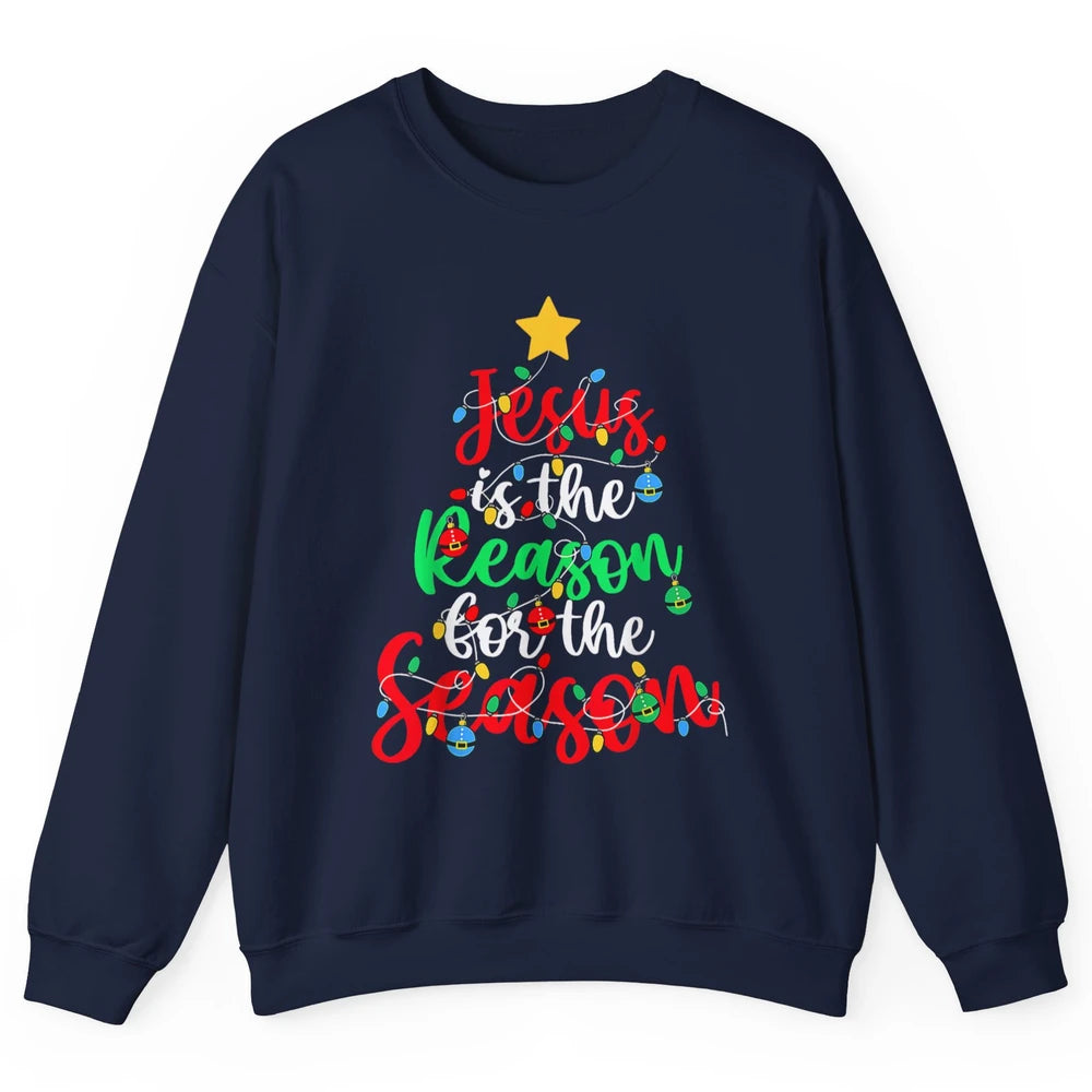 Merry Christmas Jesus The Reason For Season Xmas Tree Lights Unisex Crewneck Sweatshirt