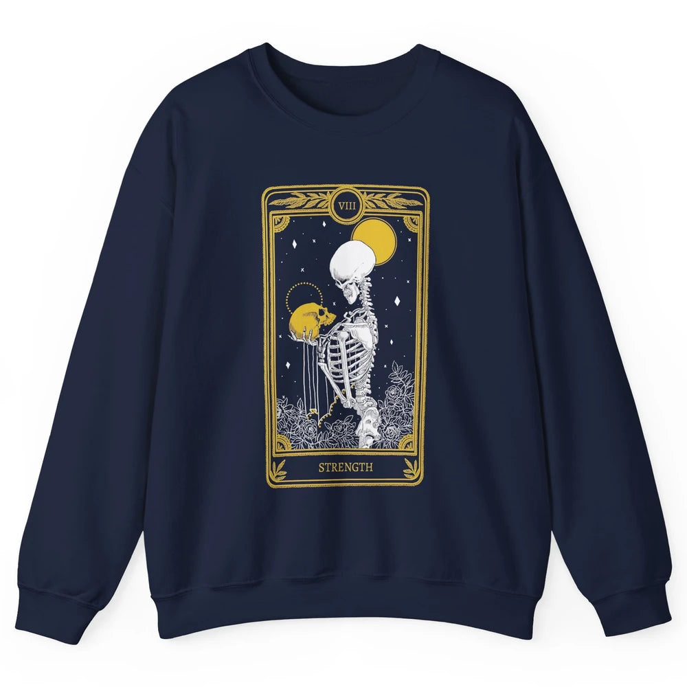 Retro Skeleton Holding Skull Strength Tarot Card Halloween Unisex Crewneck Sweatshirt