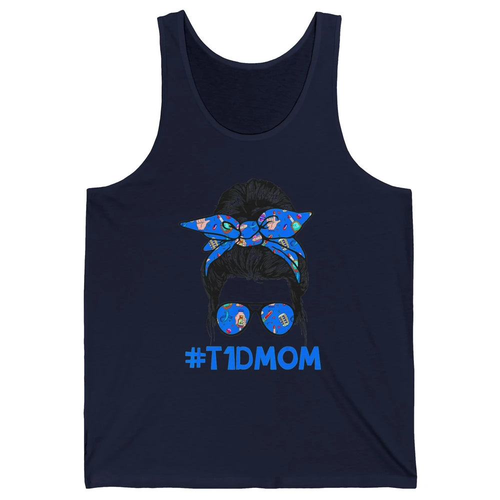 T1D Proud Mom Leopard Messy Bun Warrior Diabetes Awareness Unisex Jersey Tank