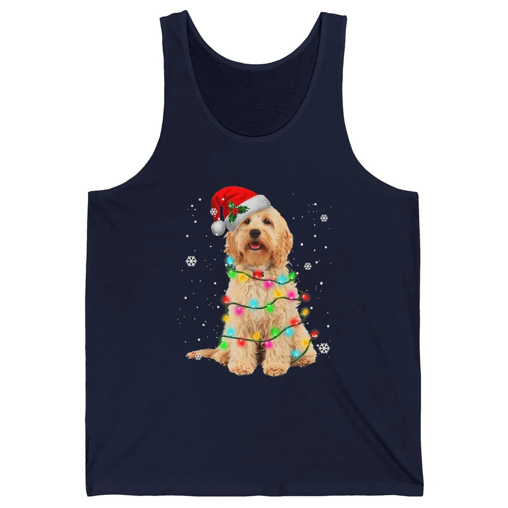 Merry Christmas Golden Doodle Dog Santa Hat Xmas Tree Lights Unisex Jersey Tank