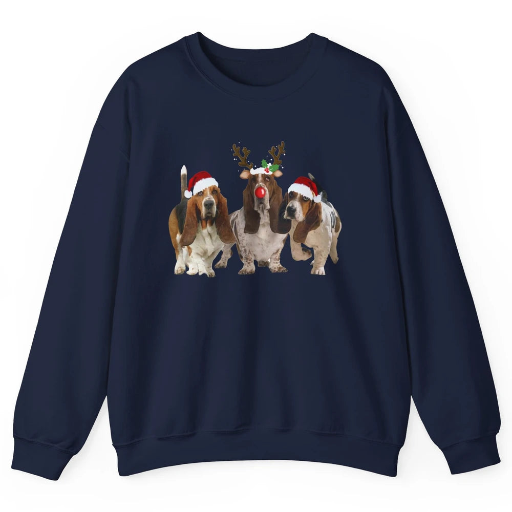 Basset Hound Santa Hats And Reindeer Horns Christmas Dog Mom Unisex Crewneck Sweatshirt