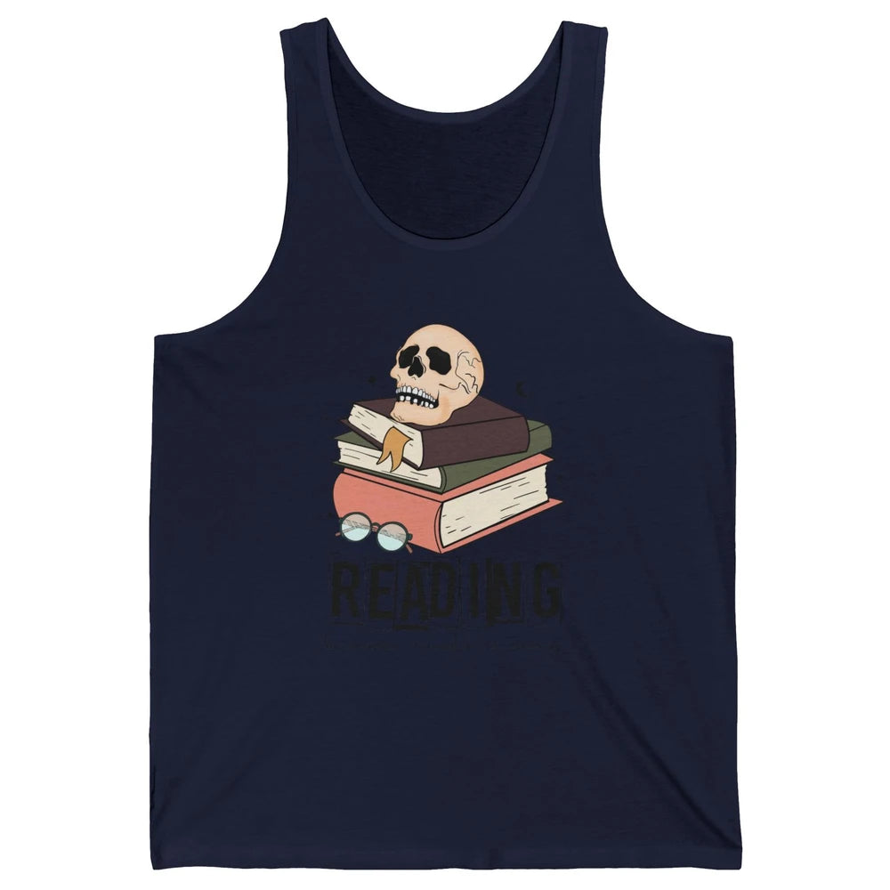 Retro Skull Books Reading Because Murder Is Wrong Booknerd Unisex Jersey Tank