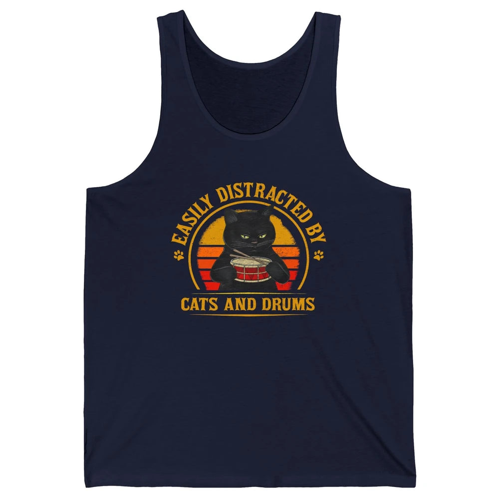 Vintage Black Cat Drummer Easily Distracted By Cat And Drums Unisex Jersey Tank