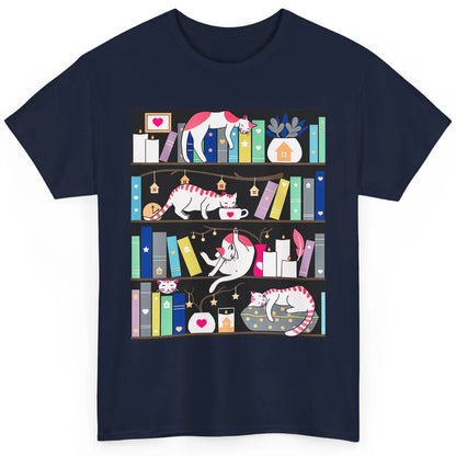 Funny Cats Lying On Bookshelf Book Kitten Minimalist Library Classic Unisex T-Shirt