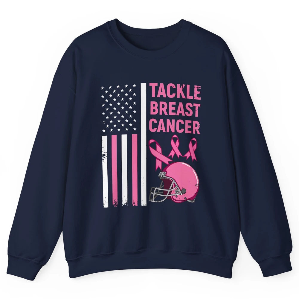 Tackle Breast Cancer US Flag Football Helmet Pink Ribbon Unisex Crewneck Sweatshirt