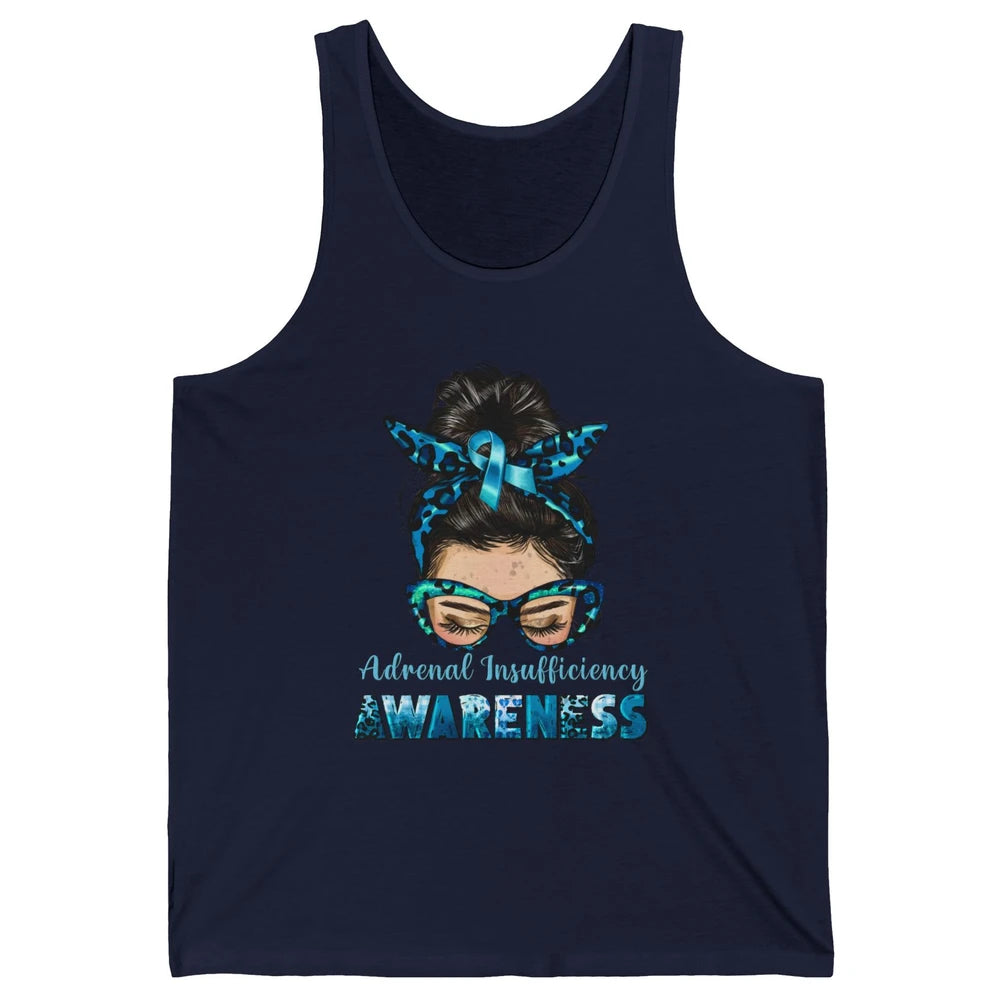 Adrenal Insufficiency Awareness Messy Bun Mom Blue Ribbon Unisex Jersey Tank