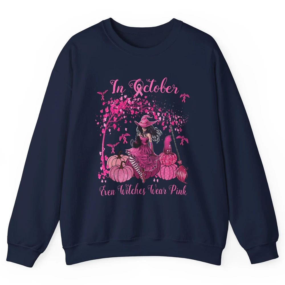 Breast Cancer In October Even Witches Wear Pink Ribbon Fall Unisex Crewneck Sweatshirt