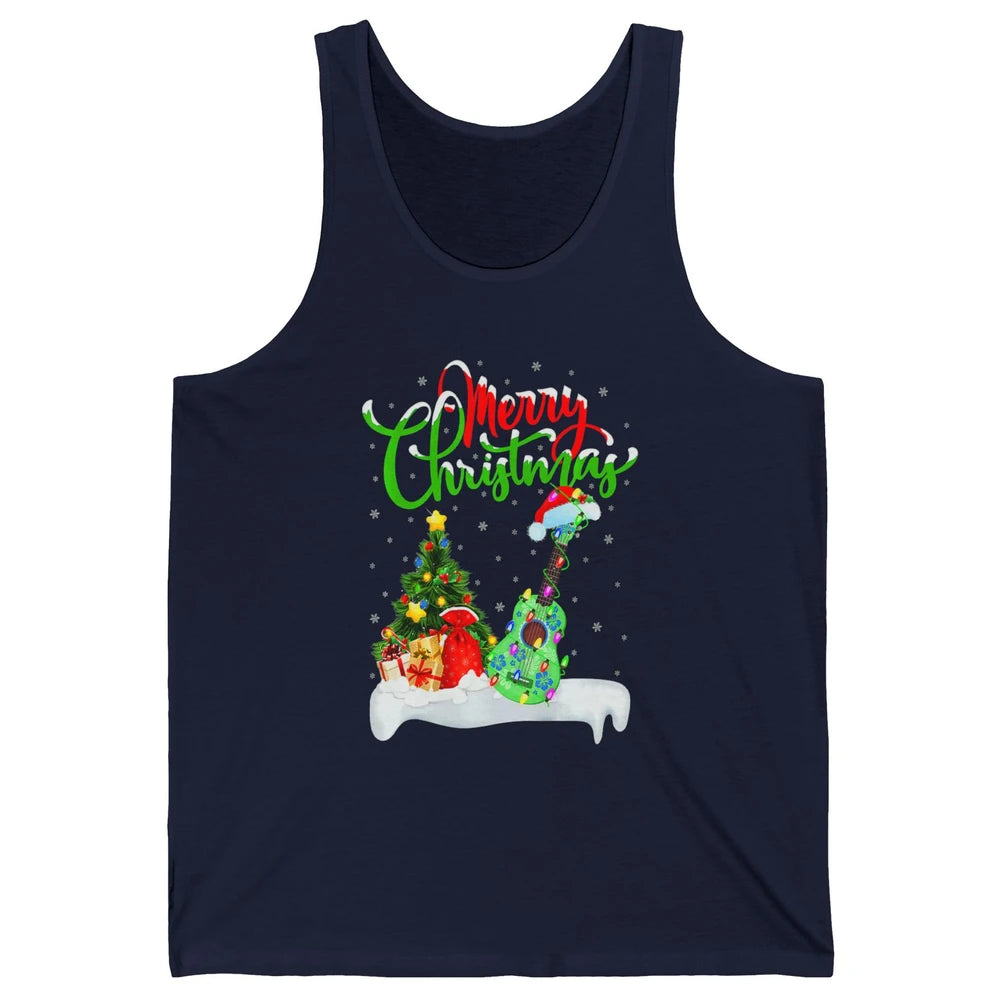 Merry Christmas Funny Ukulele Xmas Lights Santa Hat Music Unisex Jersey Tank