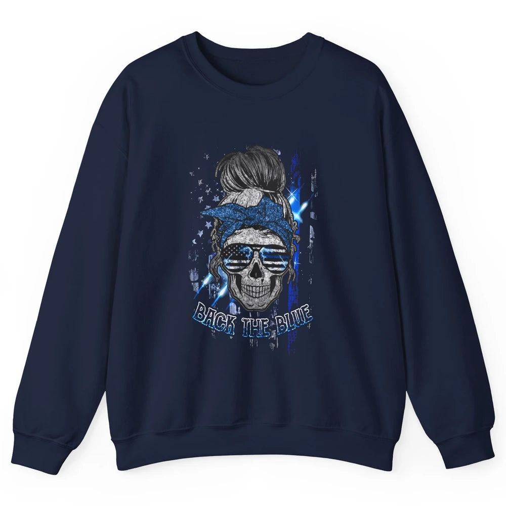 Back The Blue Police American Flag Skull Lady 4th of July Unisex Crewneck Sweatshirt