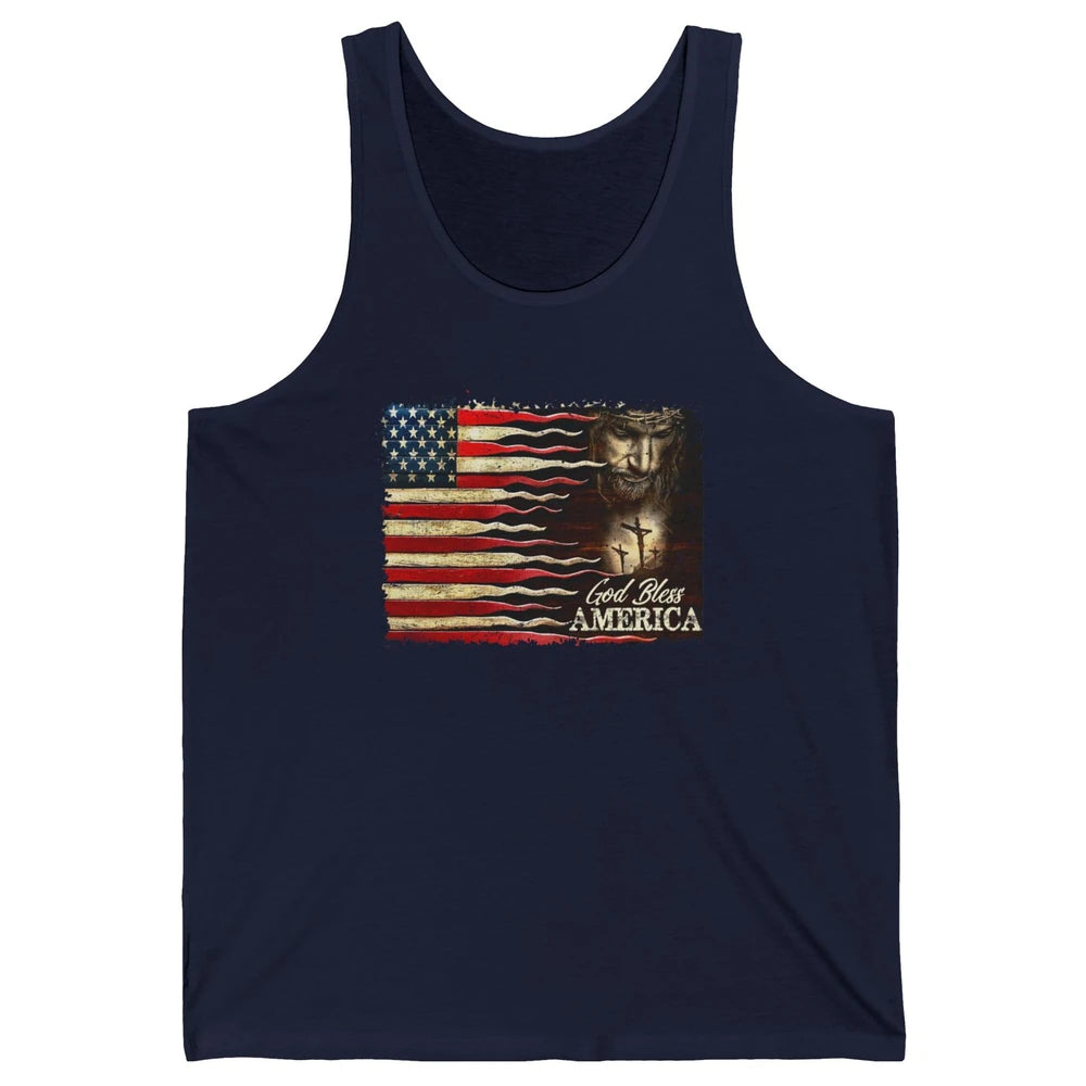 Retro US Flag Jesus Cross God Bless America Patriot July 4th Unisex Jersey Tank