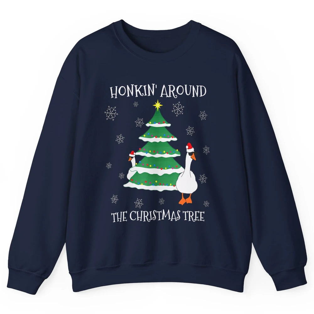 Merry Christmas Cute Geese Honking Around Xmas Tree Goose Unisex Crewneck Sweatshirt