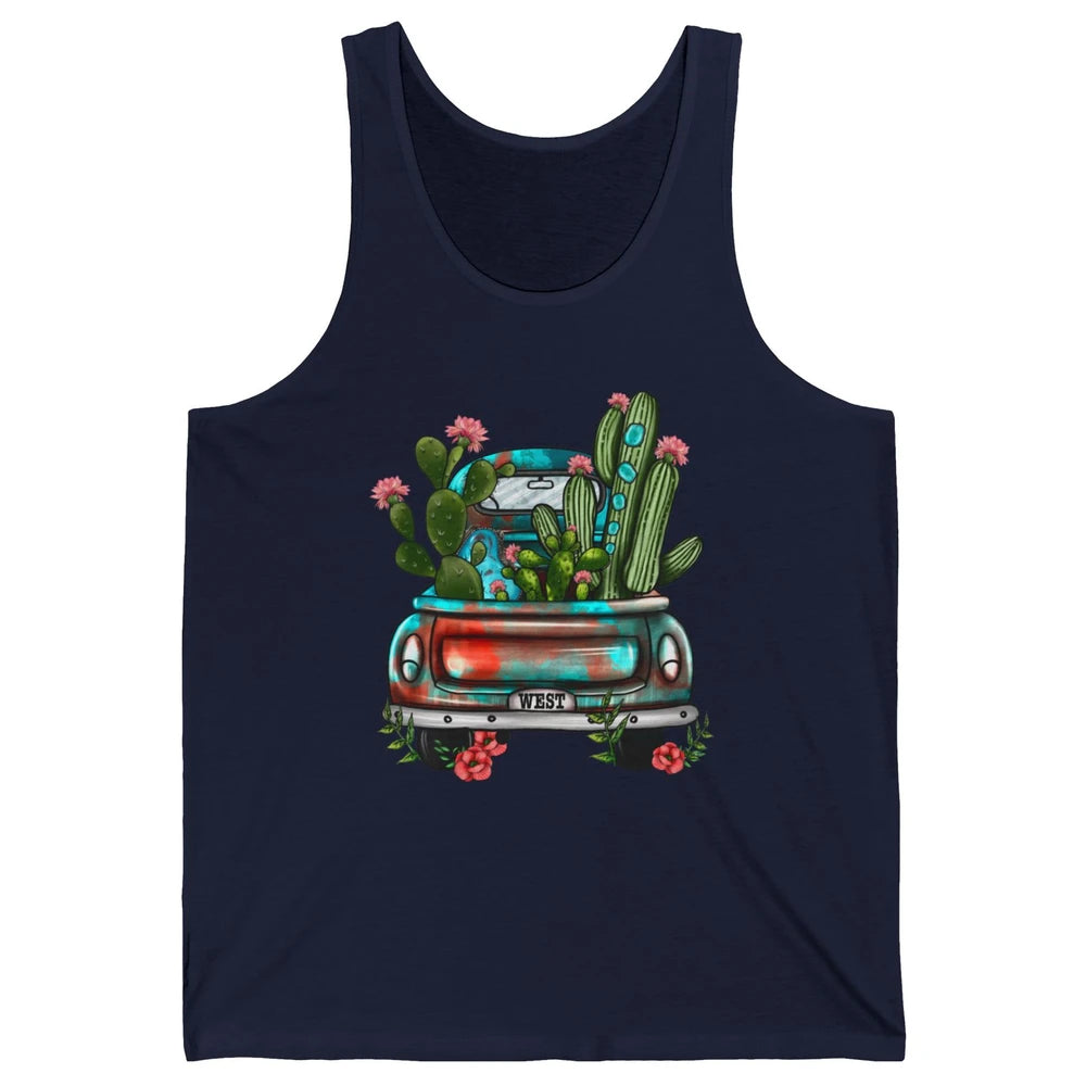 Turquoise Western Truck Desert Cactus Go West Western Gift Unisex Jersey Tank