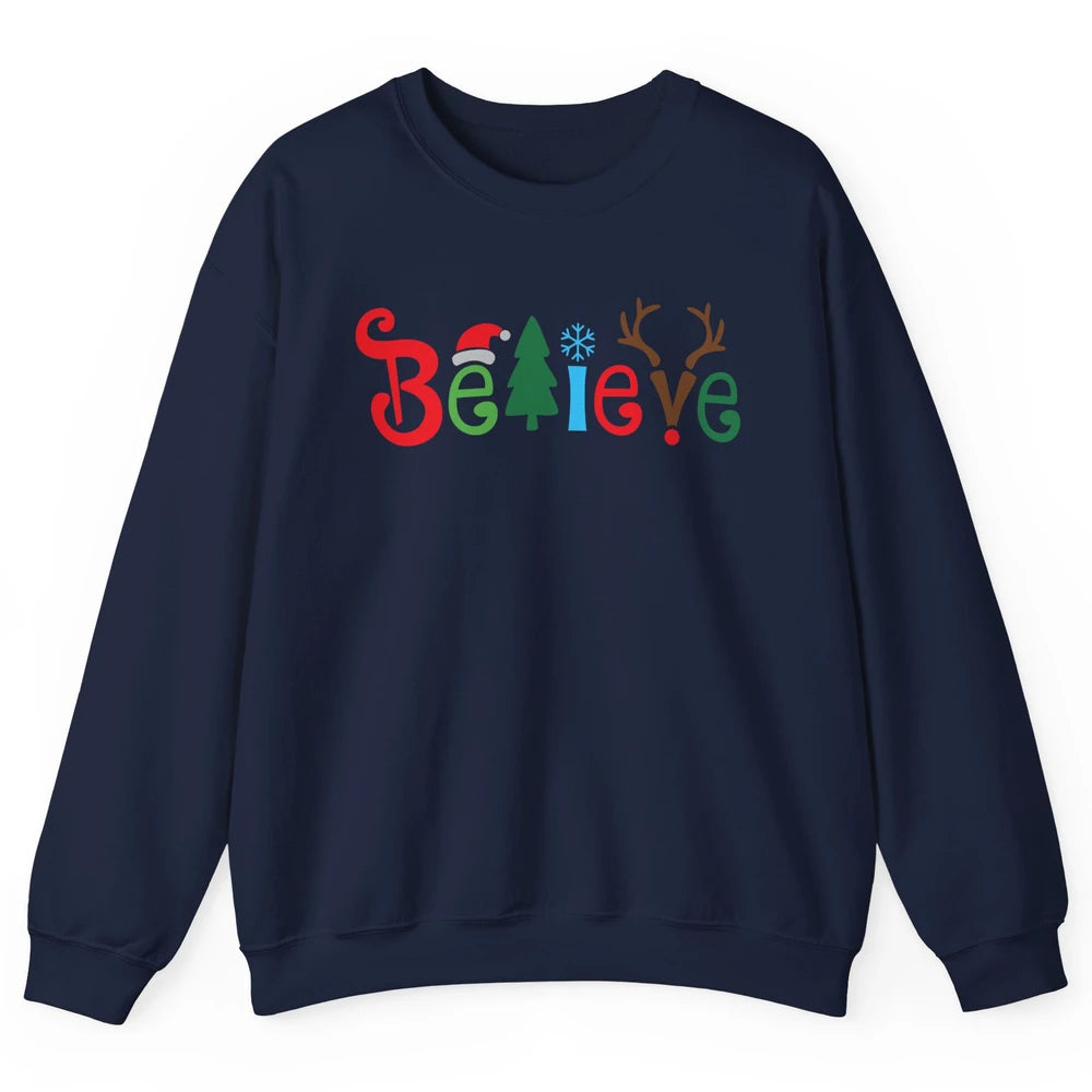 Funny Santa Claus Hat Believe Snowflakes Christmas Costume Unisex Crewneck Sweatshirt