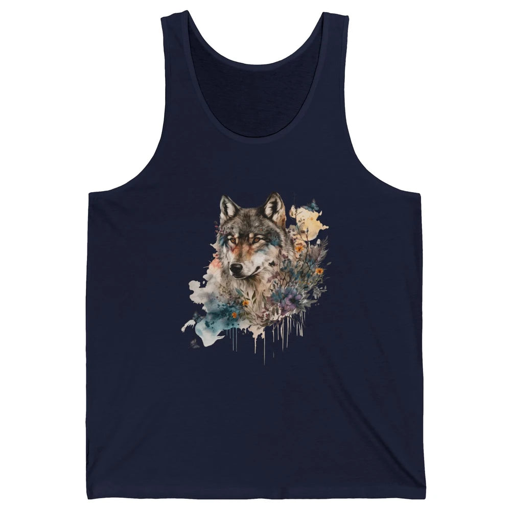 Watercolor Wolf Face Howl Butterfly Wolves Wild Animal Retro Unisex Jersey Tank