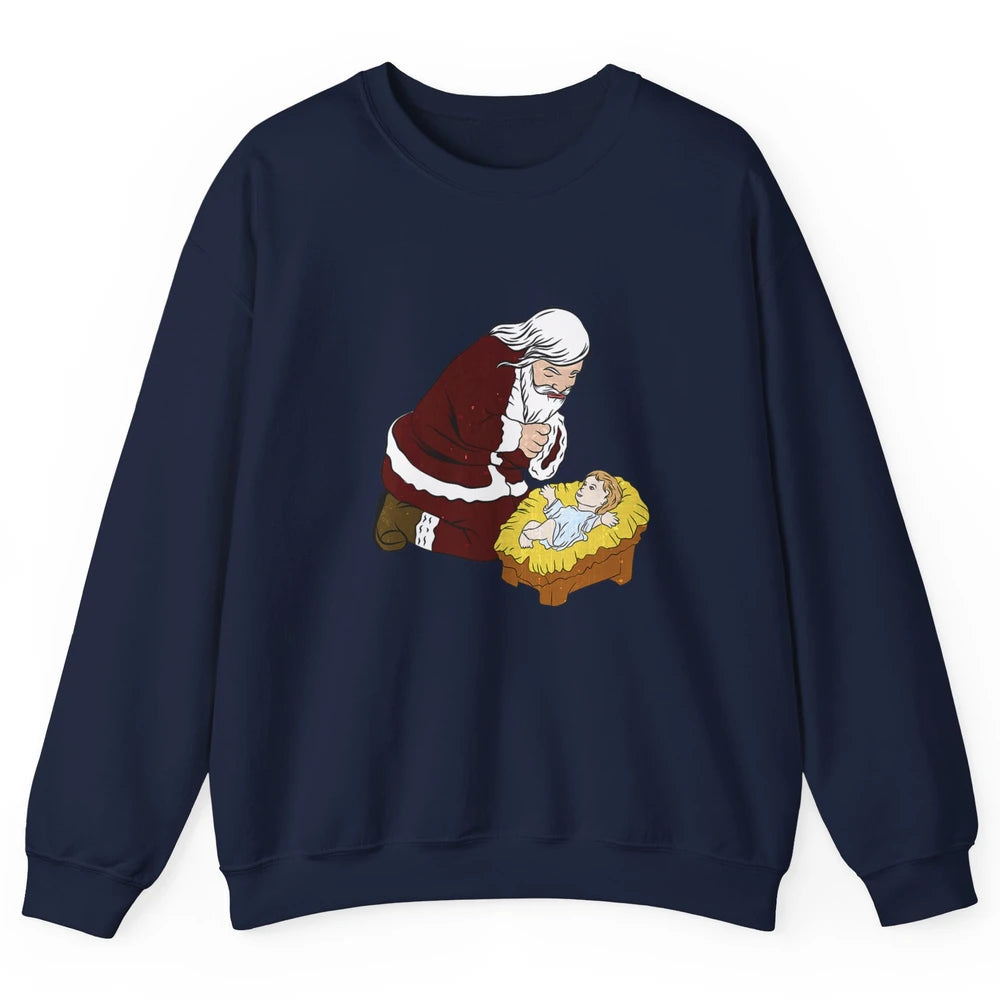 Merry Christmas Kneeling Santa Claus With Baby Jesus Xmas Unisex Crewneck Sweatshirt