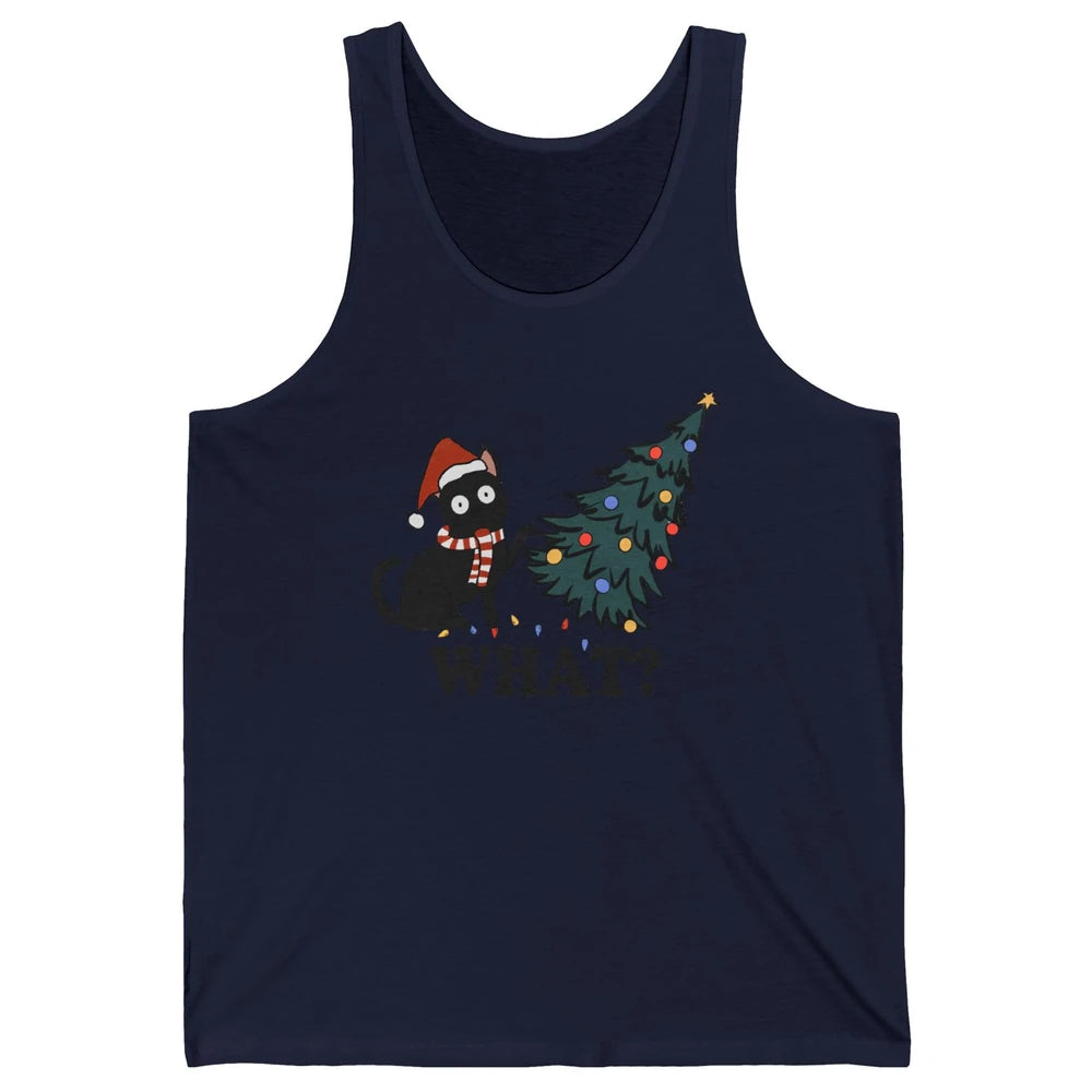 Funny Black Cat Pushing Christmas Tree What? Christmas Cat Unisex Jersey Tank