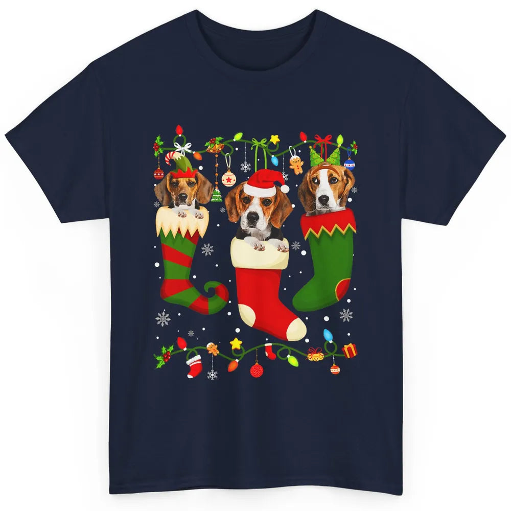 Funny Beagle Dog Christmas Tree Socks Xmas Lights Santa Hat Classic Unisex T-Shirt