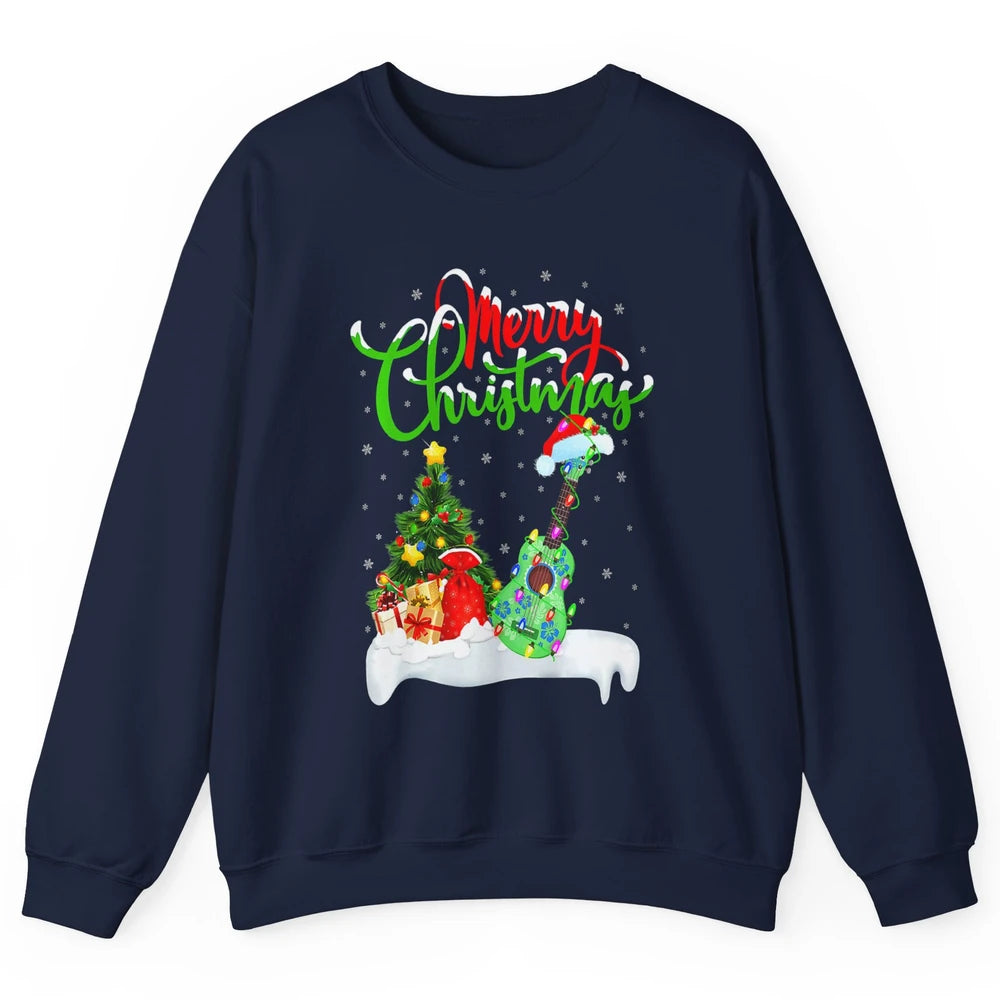 Merry Christmas Funny Ukulele Xmas Lights Santa Hat Music Unisex Crewneck Sweatshirt