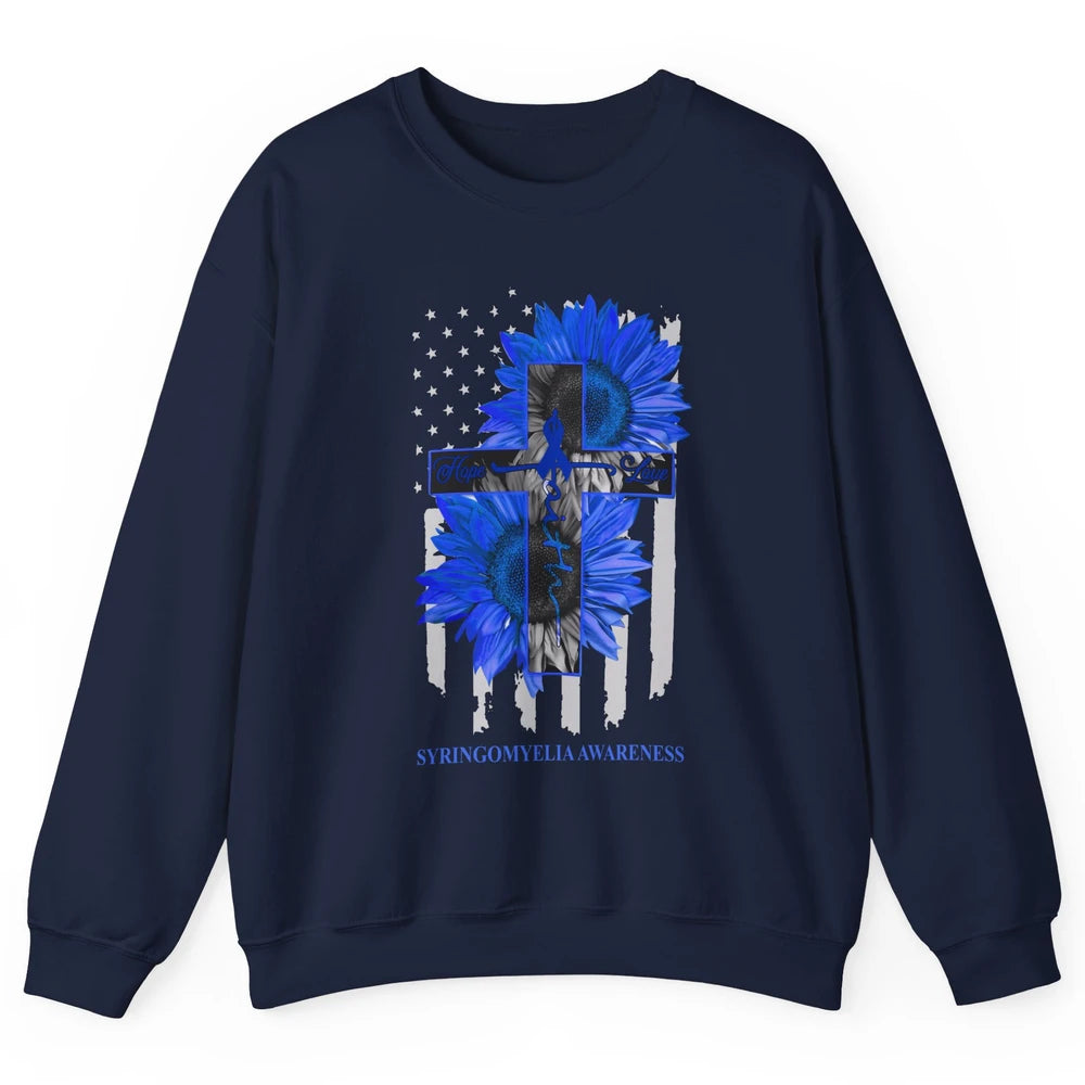 Syringomyelia Awareness Faith Hope Love Blue Ribbon US Flag Unisex Crewneck Sweatshirt