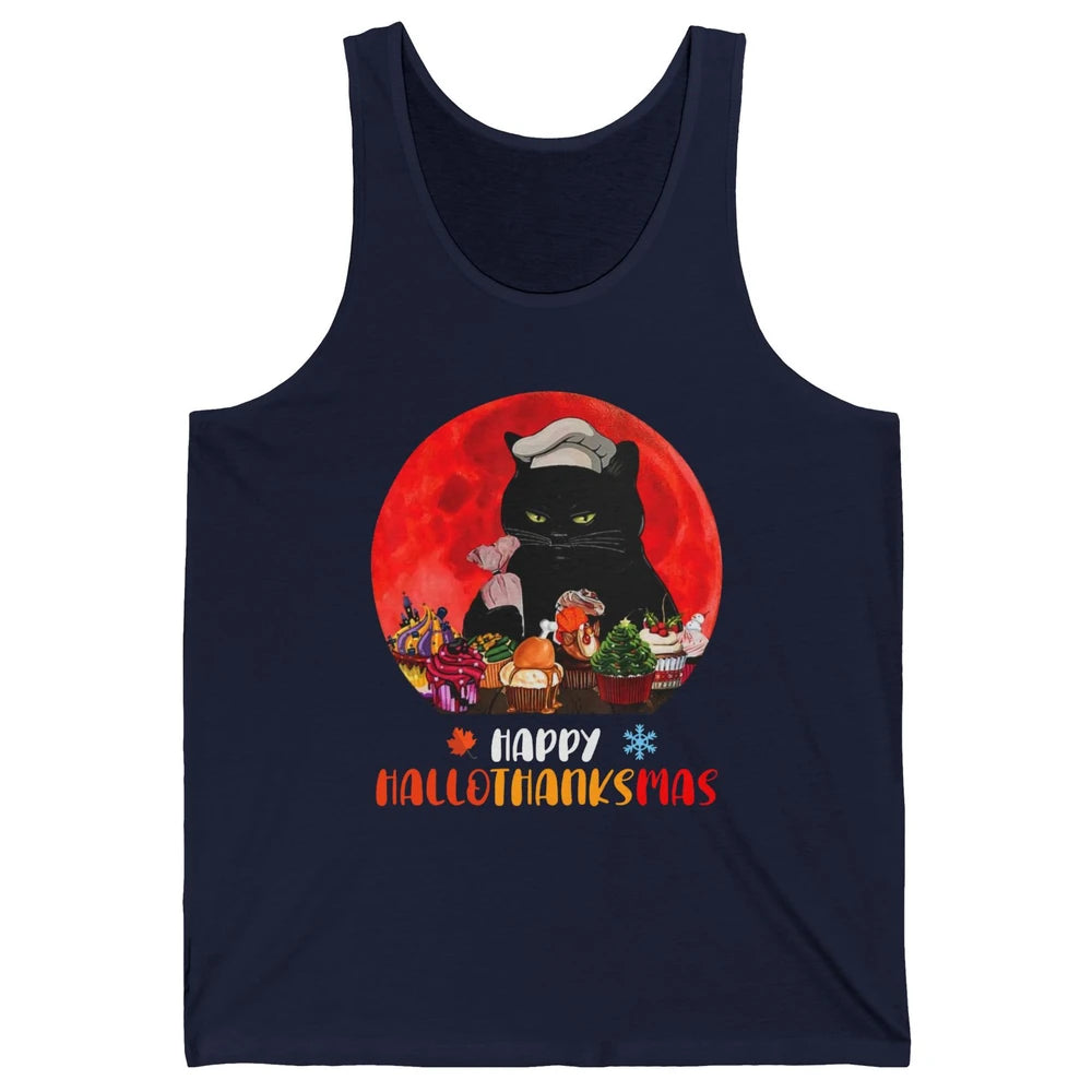 Black Cat Happy Hallothanksmas Baker Cat Halloween Christmas Unisex Jersey Tank