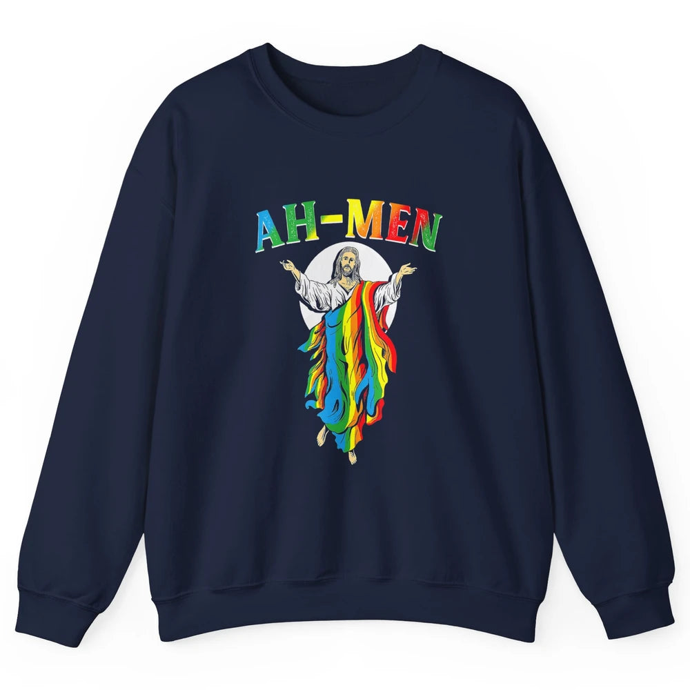 Ah Men LGBT Gay Pride Jesus Christian God Rainbow Flag Love Unisex Crewneck Sweatshirt