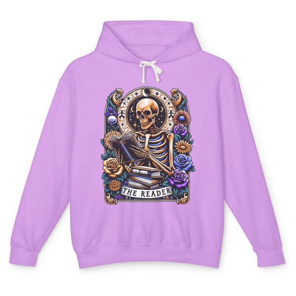 The Reader Tarot Card Halloween Reading Book Skeleton Floral Skull Bookish Bookworm Unisex Lightweight Hoodie