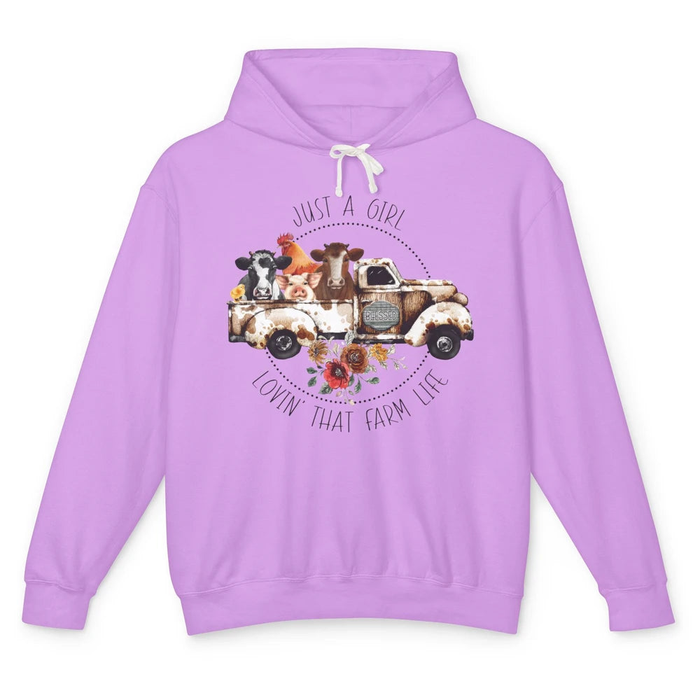 Retro Truck Just A Girl Loving That Farm Life Farm Animals Unisex Lightweight Hoodie