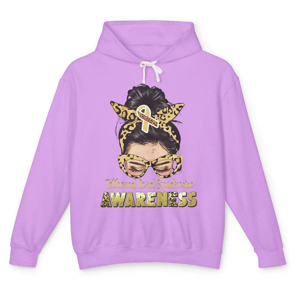 Tethered Cord Syndrome Ribbon Leopard Messy Bun Mom Glasses Unisex Lightweight Hoodie