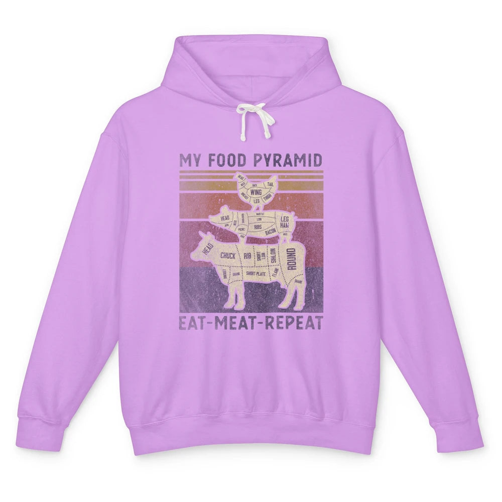 Vintage My Food Pyramid Eat Meat BBQ Lover Fast Food Retro Unisex Lightweight Hoodie