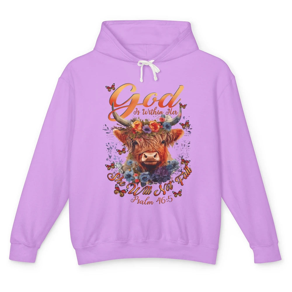 Christian Highland Cow God Is Within Her Bible Religious Unisex Lightweight Hoodie